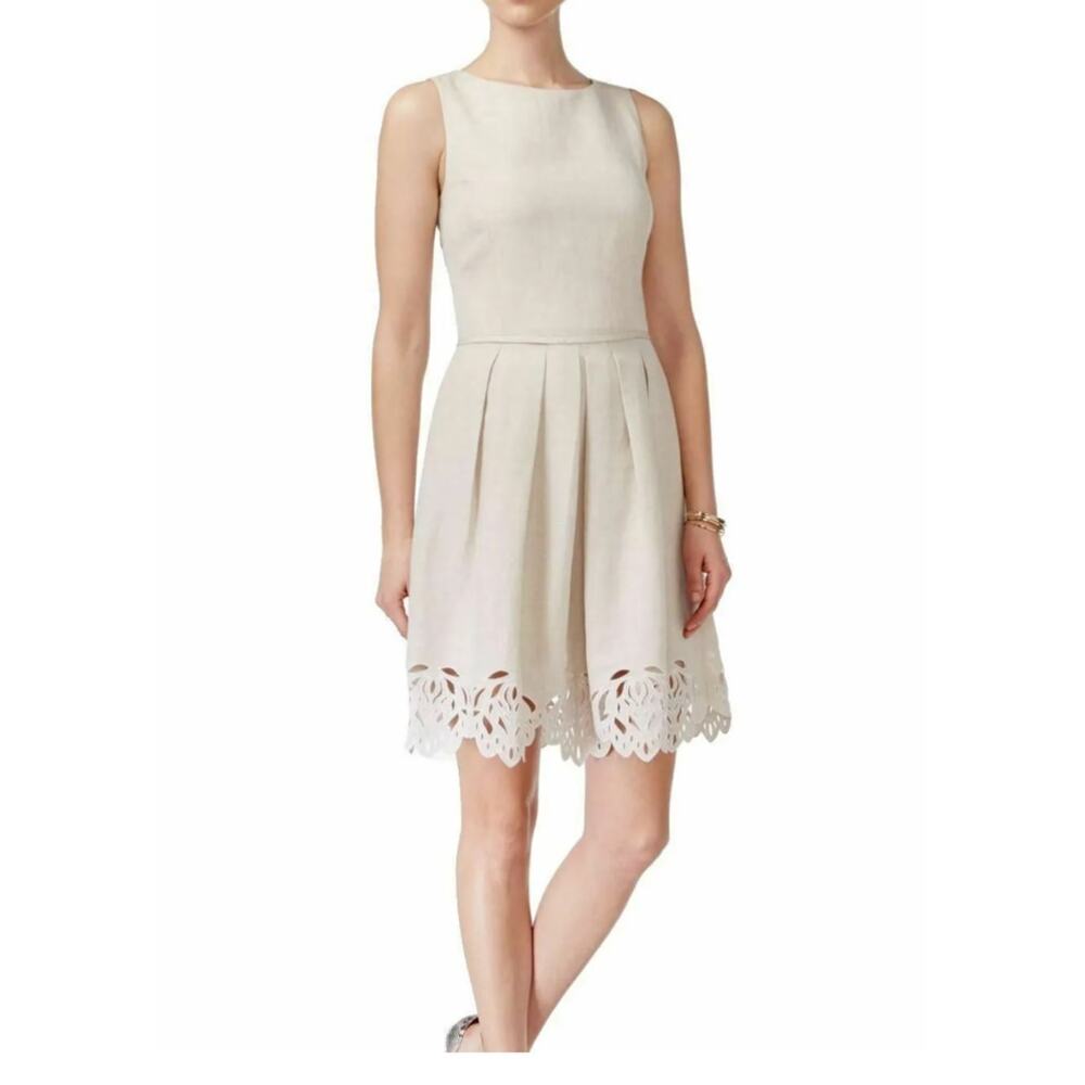 Tahari Dress Linen Crochet Sleeveless Sz 12 Tan Beige White